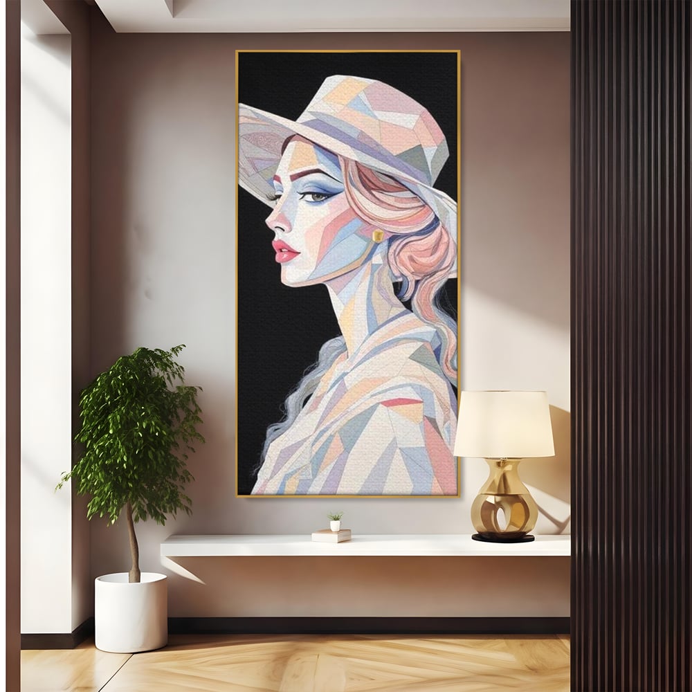 Tablou canvas cu tablou canvas cu femeie in stil cubist, in rama de aluminiu auriu